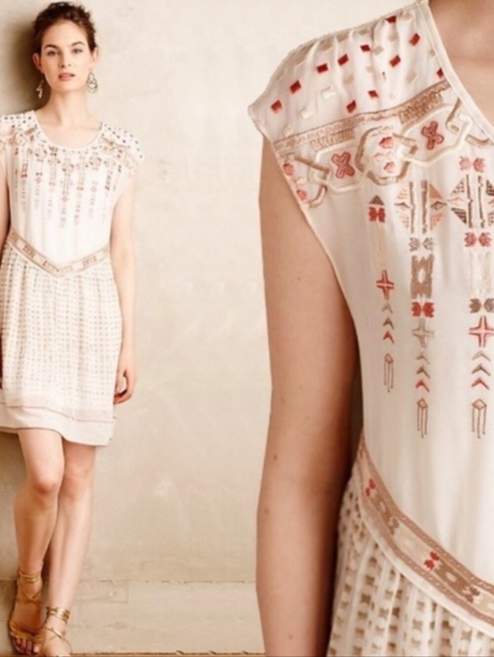 Anthropologie Ivory Mini Dress with Dusty Rose Embroidery